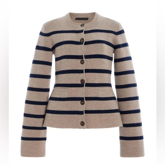 Jenni Kayne Cooper Button Wool Cashmere Knit Cardigan Sweater Taupe Navy Stripe - Picture 9 of 11